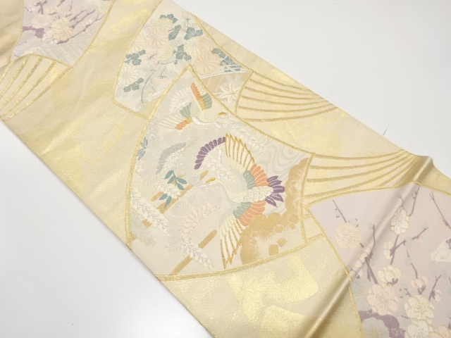 JAPANESE KIMONO / ANTIQUE FUKURO OBI / SILK / WOVEN FOLDING FAN & CRANES & UME & PINE & WISTERIA